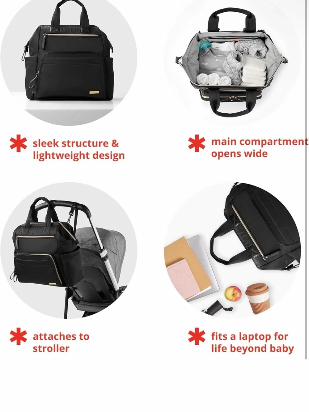 Skip Hop Black Baby Bag Tote with Gold Hardware